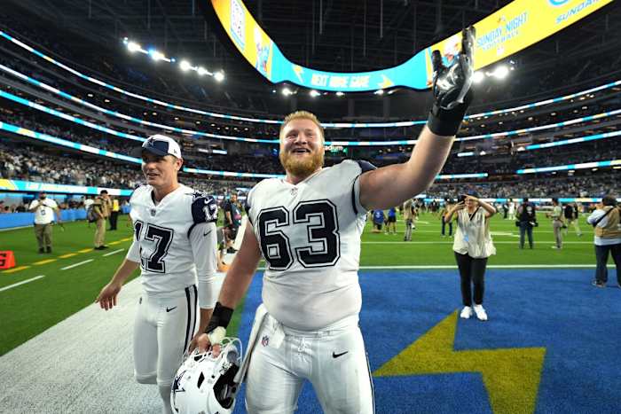 Oct 16, 2023; Inglewood, California, USA; Dallas Cowboys center Tyler Biadasz (63) reacts after the game against the Los Angeles Chargers at SoFi Stadium.